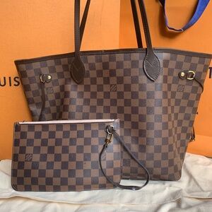 Louis Vuitton Pink Damier Neverfull Handbag with Wallet, box, bag, dust bag.